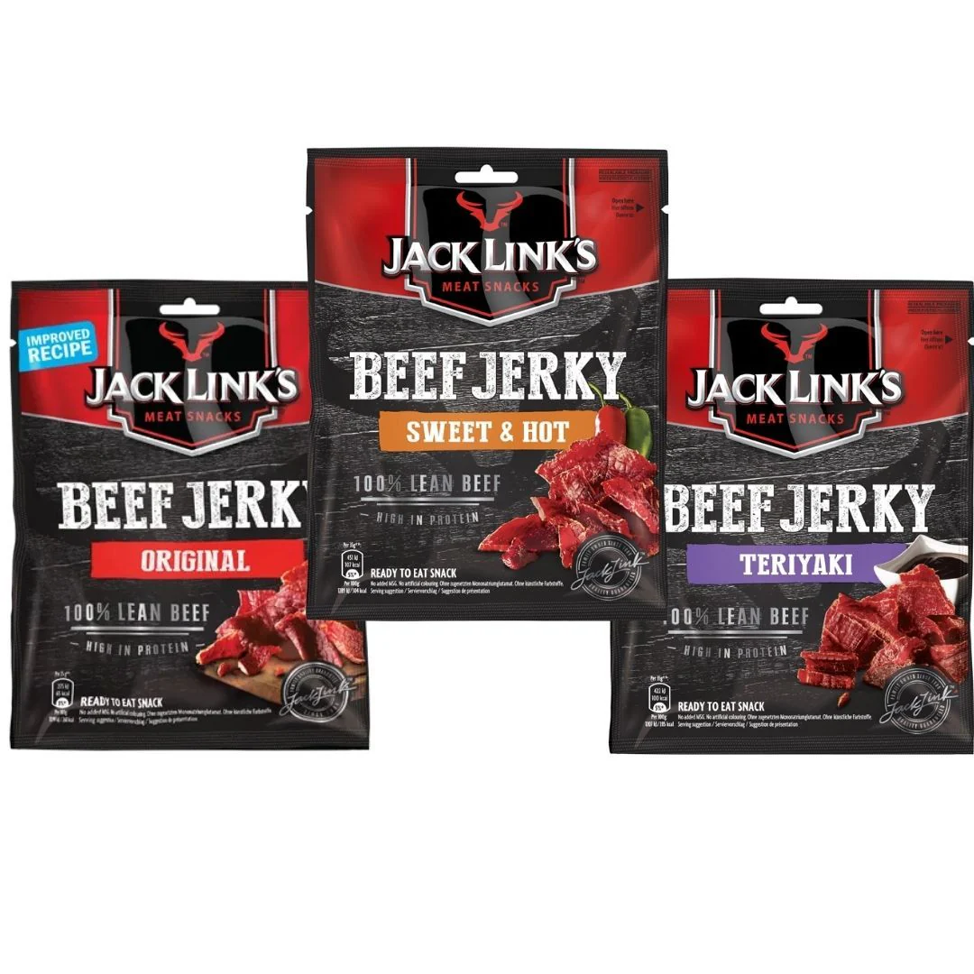 3 Jack Links, tre confezioni di carne essiccata vari gusti da 25g
