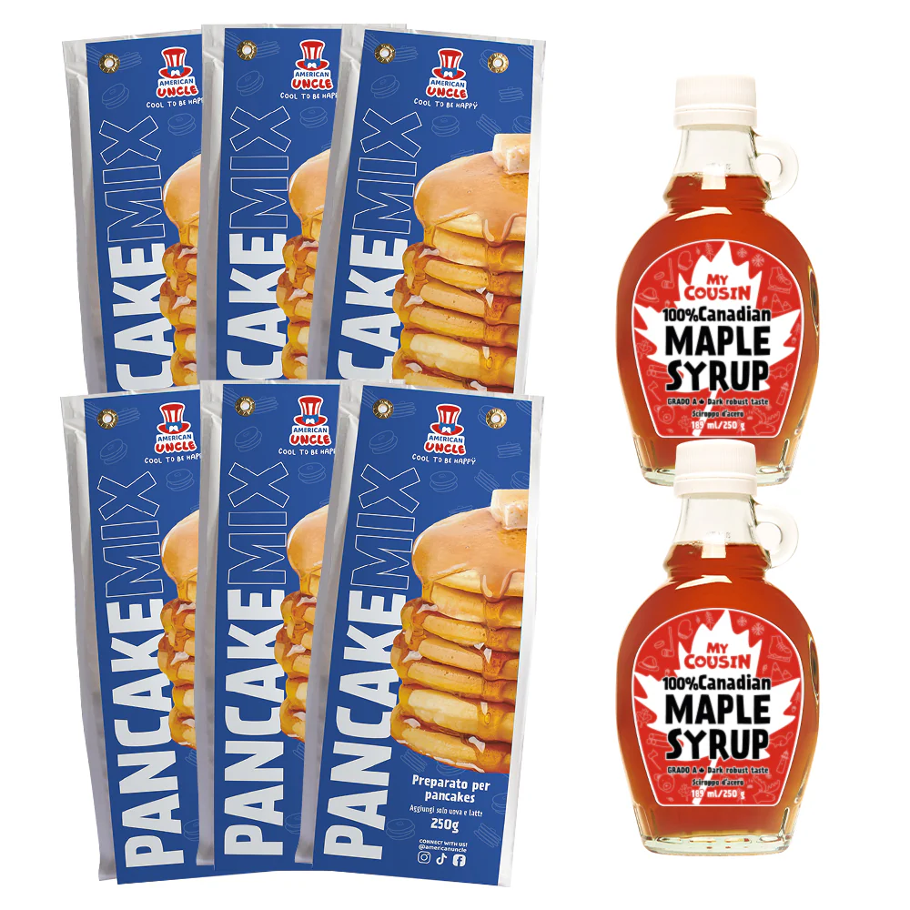 6x American Uncle Preparato per Pancakes + 2x sciroppo d'acero My Cousin
