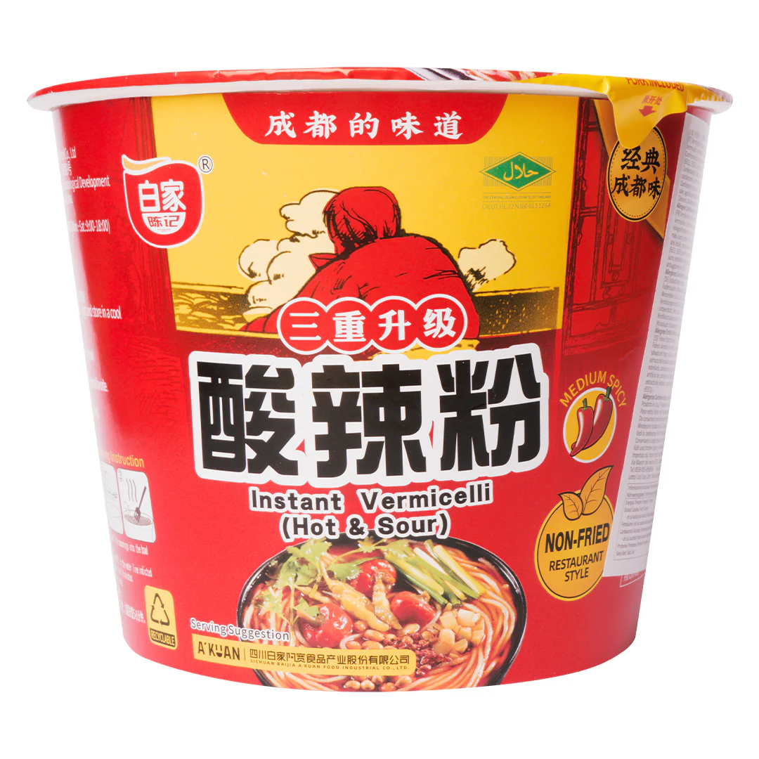 A'Kuan Instant Vermicelli Hot&Sour, ciotola di vermicelli al gusto di zuppa di manzo piccante e acida da 105g