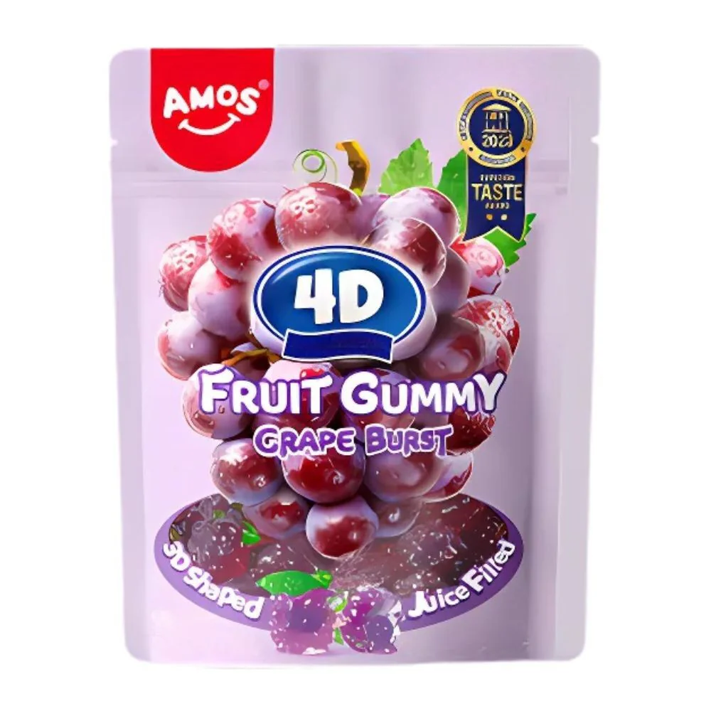 Amos 4D Fruit Gummy Grape Burst, caramelle gommose ripiene al gusto d'uva da 65g