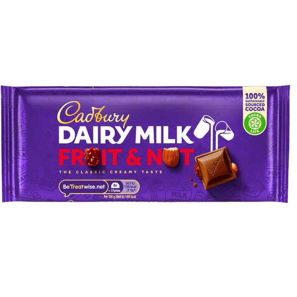 Cadbury Dairy Milk Fruit & Nut, tavoletta di cioccolato con frutta e mandorle da 110g