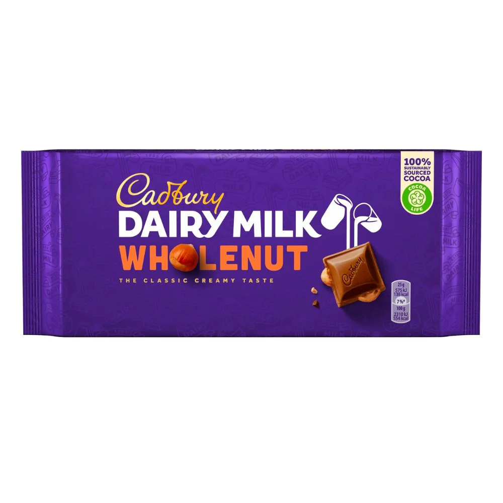 Cadbury Dairy Milk Wholenut, tavoletta di cioccolato a latte e nocciole da 120g