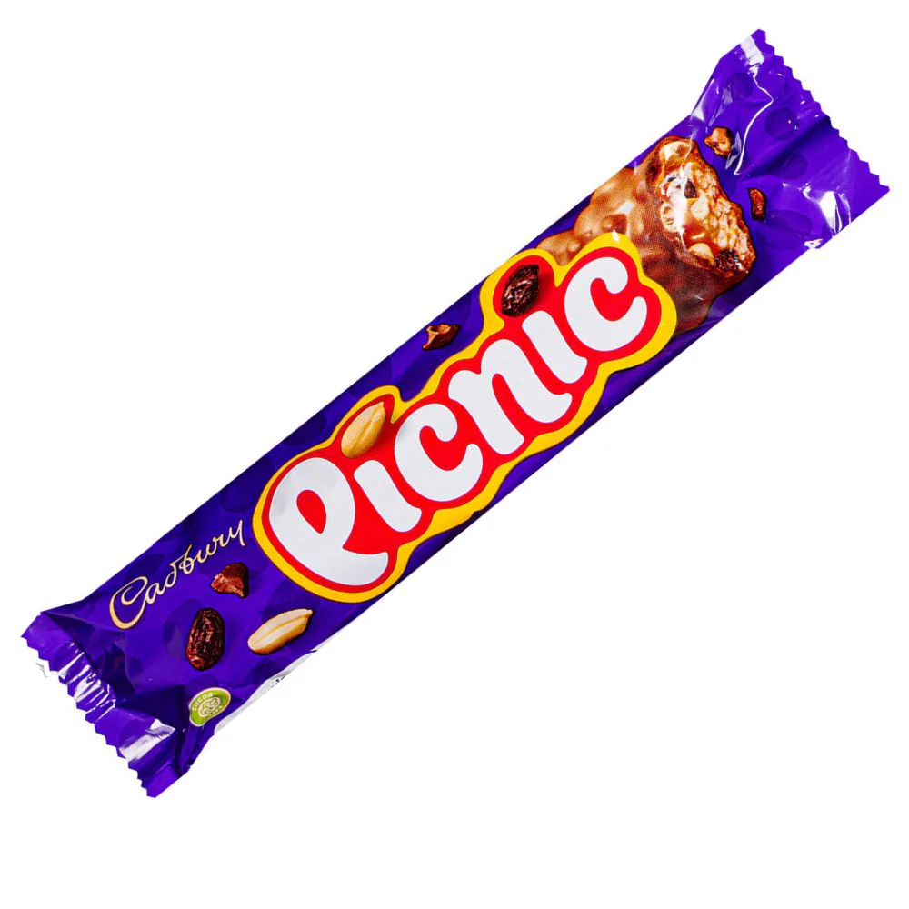 Cadbury Picnic, barretta al cioccolato con caramello, arachidi, cereali e uvetta da 48g