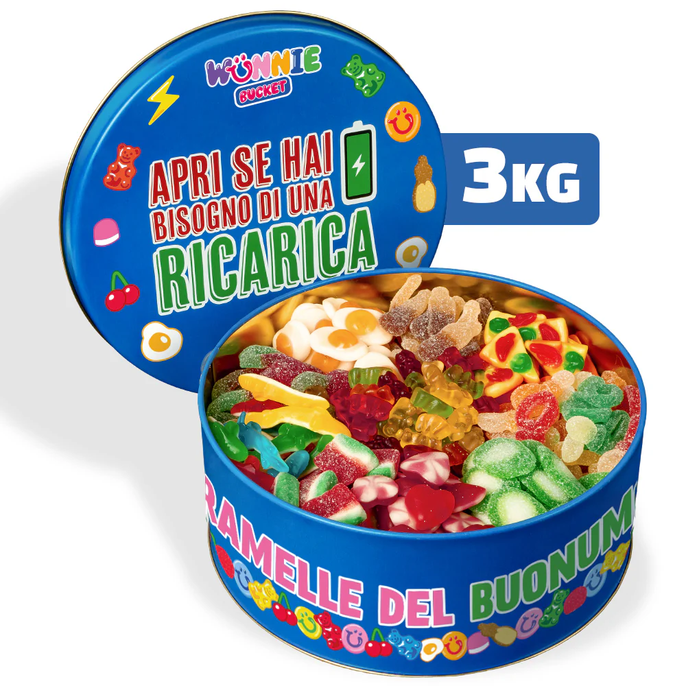 Wunnie Bucket "Apri se hai bisogno di una ricarica", latta di caramelle gommose da comporre con i tuoi gusti preferiti - 3 kg