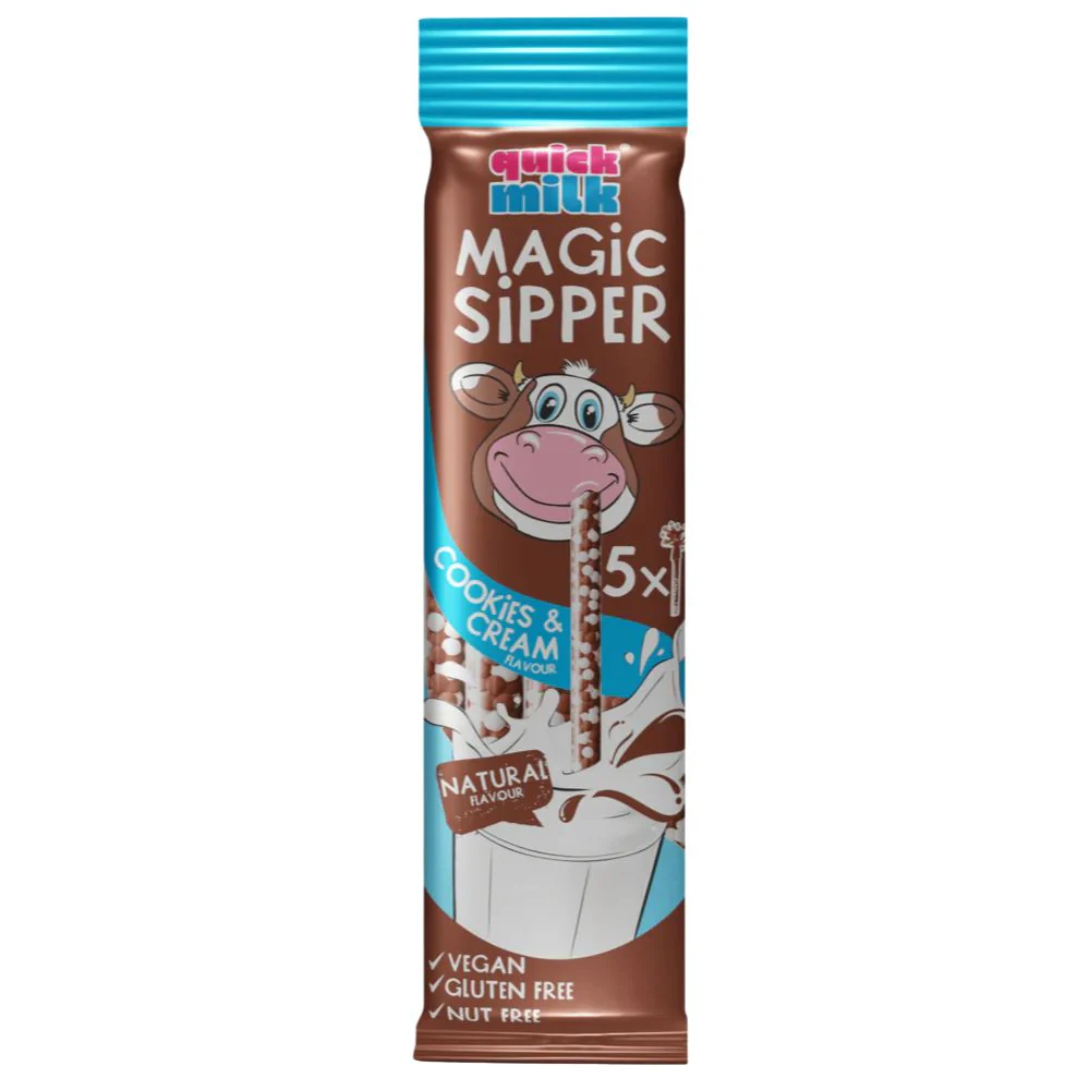 Quick Milk Magic Sipper Cookies & Cream Flavor, cannucce con caramelle al gusto di cookies e cream da 30g