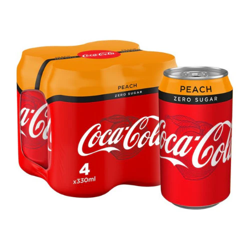 Coca-Cola Zero Peach, confezione di quattro lattine di Coca-Cola aromatizzata alla pesca da 355ml