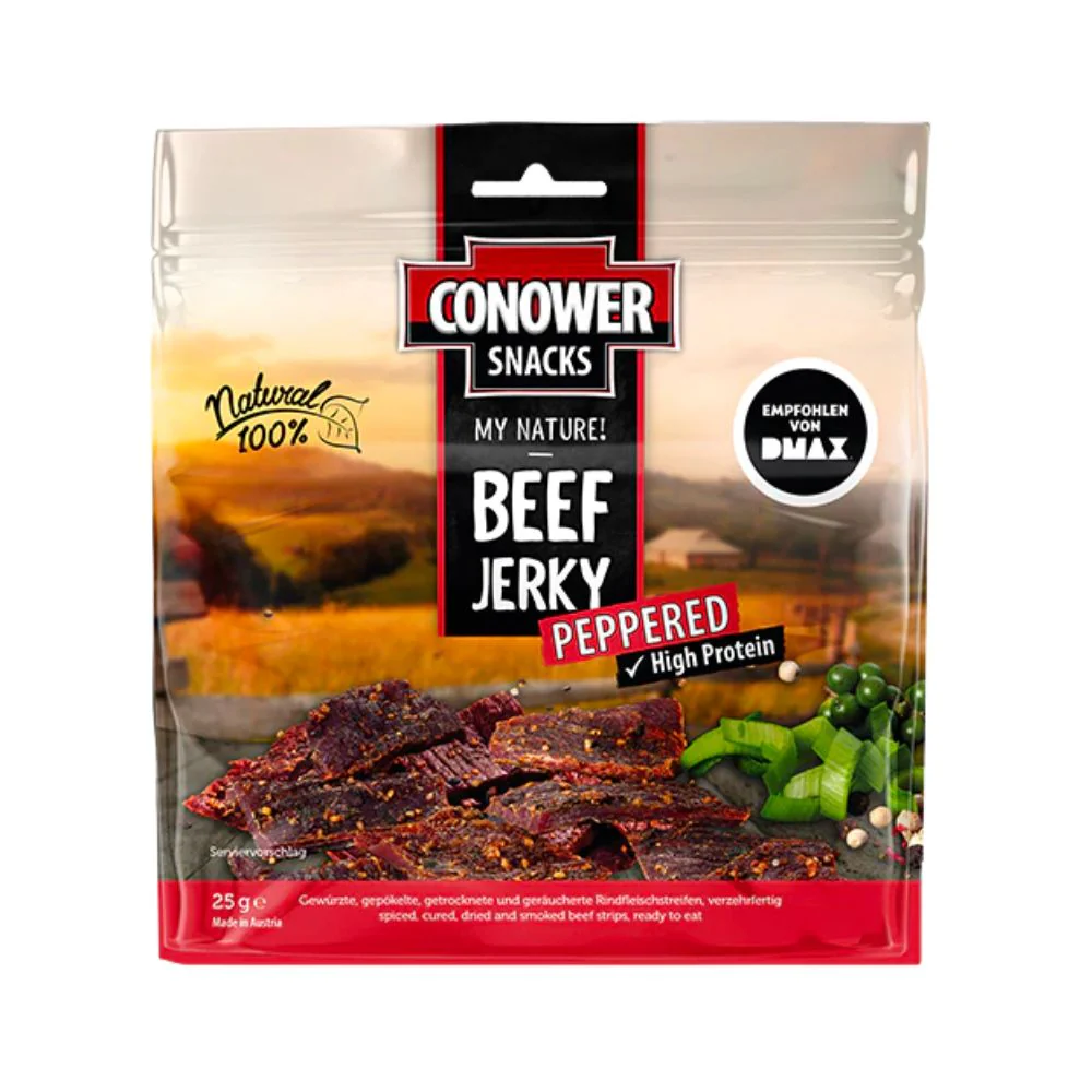 Conower Snacks Beef Pepperd, carne di manzo essiccata con pepe da 25g