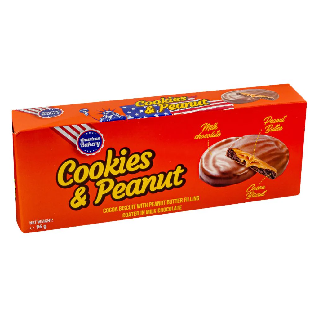 American Bakery Cookies and Peanut, biscotto al cacao con ripieno di burro di arachidi da 96g