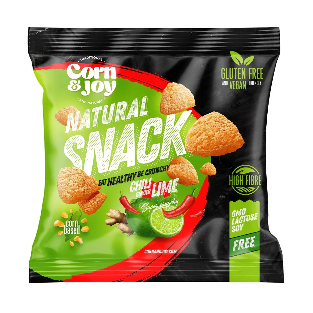 Corn & Joy Natural Snack Chili, Ginger and Lime, snack di mais al gusto peperoncino, zenzero e lime da 40g
