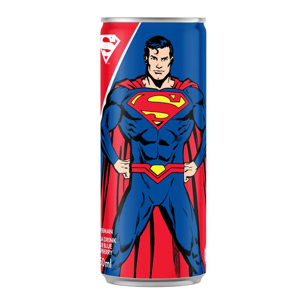 Superman Sour Blue Raspberry Soda Drink, bevanda analcolica gassata al gusto di lampone blu da 250ml