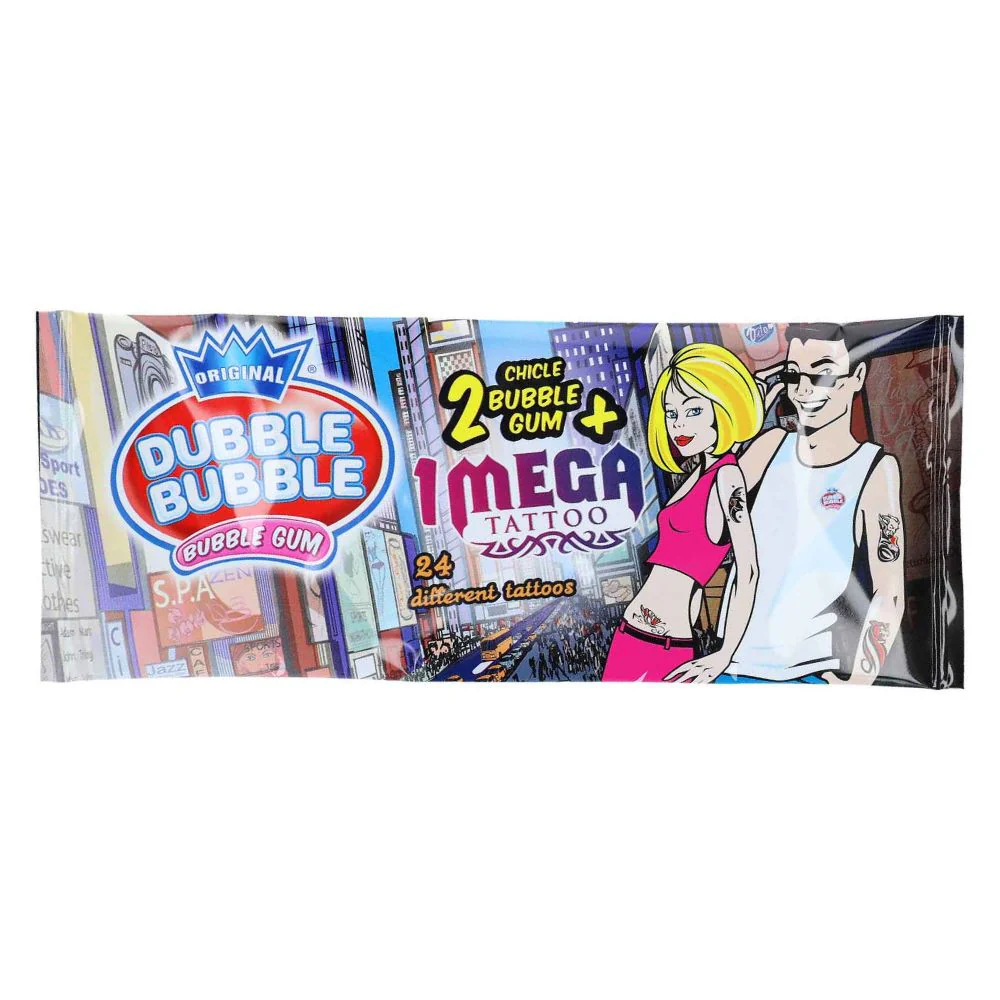 Dubble Bubble Mega Tattoo Bubble Gum, gomme da masticare al sapore di fragola con all'interno un mega tattoo da 8g