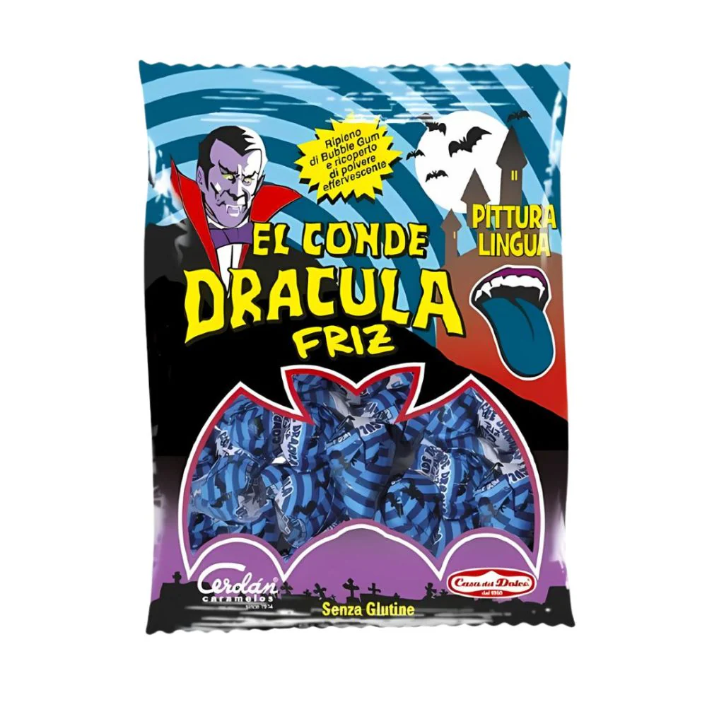 El Conde Dracula Friz Pittura Lingua, lecca lecca con gomma da masticare al gusto di frutti di bosco da 90 g