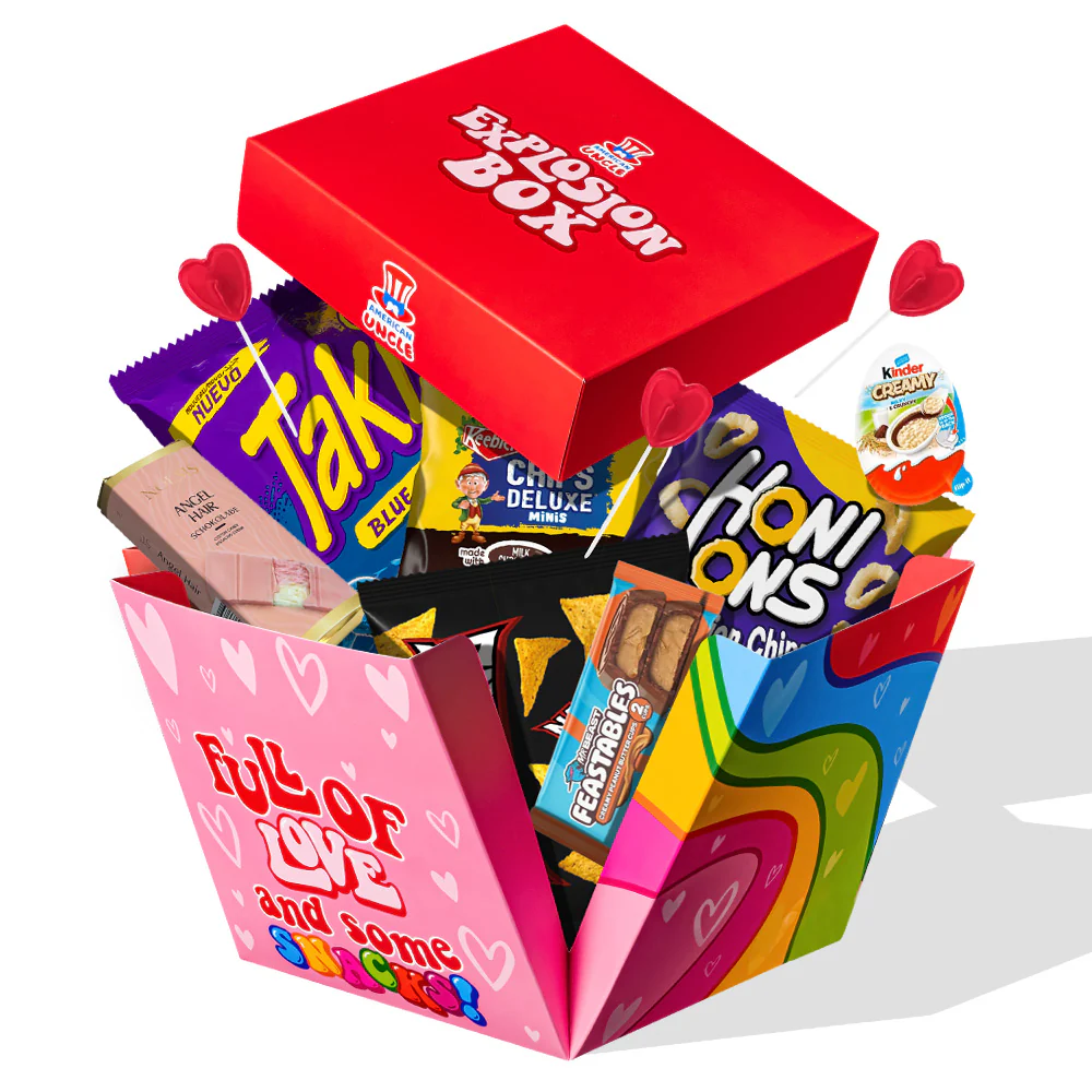 Explosion box “Love”, scatola regalo esplosiva con 15 snack dolci e salati a sorpresa