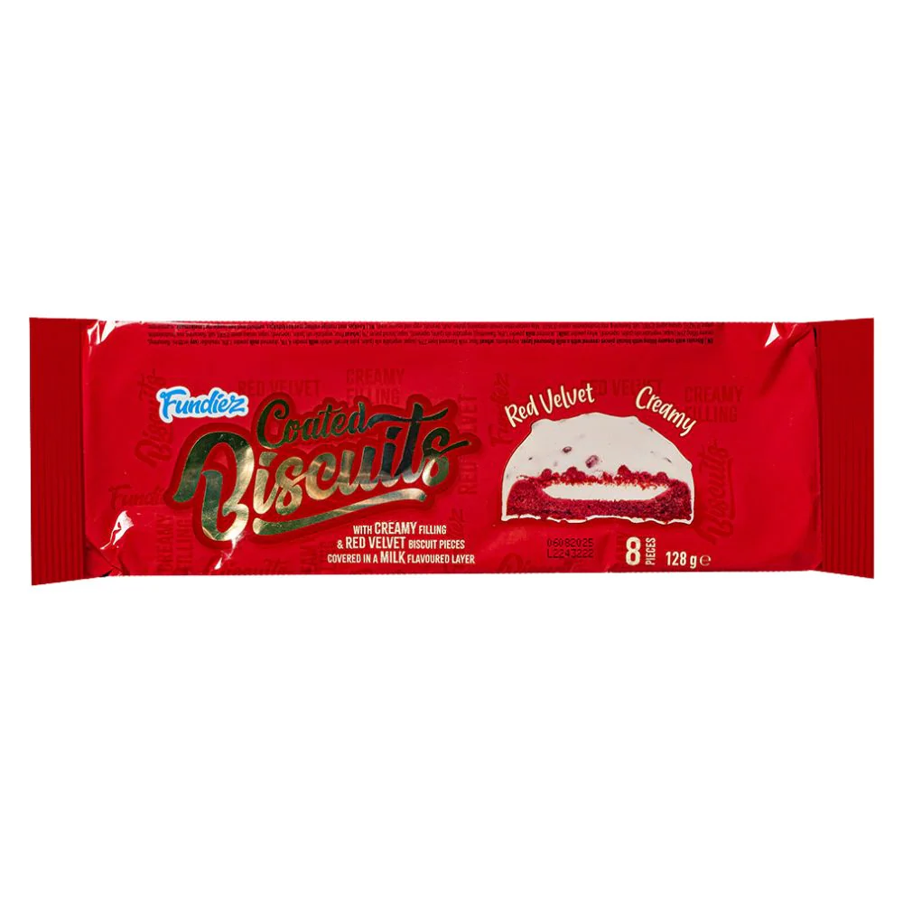 Fundiez Coated Biscuits Red Velvet, biscotti con crema al gusto di red velvet da 128g