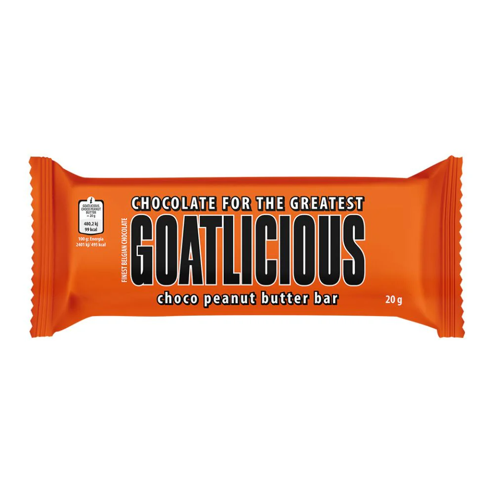 Goatlicious Choco Peanut Butter Bar, tavoletta di cioccolato al latte e burro d'arachidi da 20g