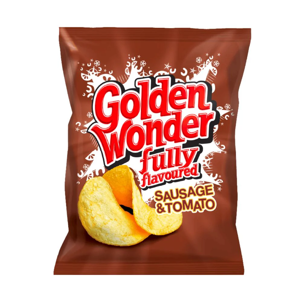 Golden Wonder Sausage & Tomato, patatine al gusto di salsiccia e pomodoro da 32.5g