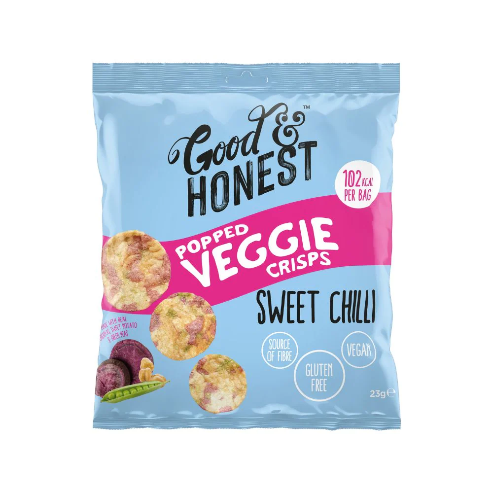 Good&Honest Popped Veggie Crisps Sweet Chilli, patatine vegetariane aromatizzare con peperoncino dolce da 23g