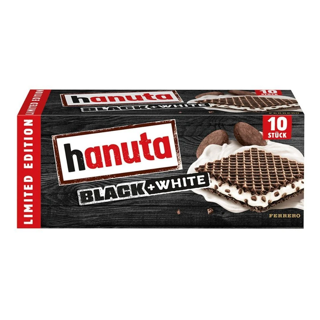Hanuta Black&White, confezione da 10 wafer al cioccolato con crema alla vaniglia e pezzi di cioccolato