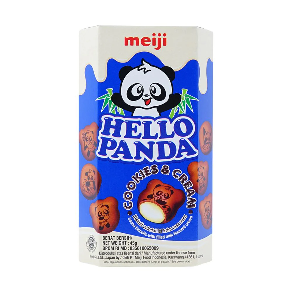 Hello Panda Cookies & Cream, biscotti al cioccolato ripieni di crema al latte da 45g