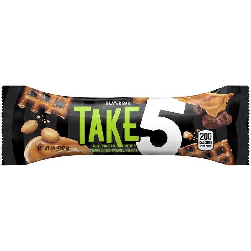 Take 5, barretta al cioccolato con pretzel, burro d'arachidi e caramello da 42g