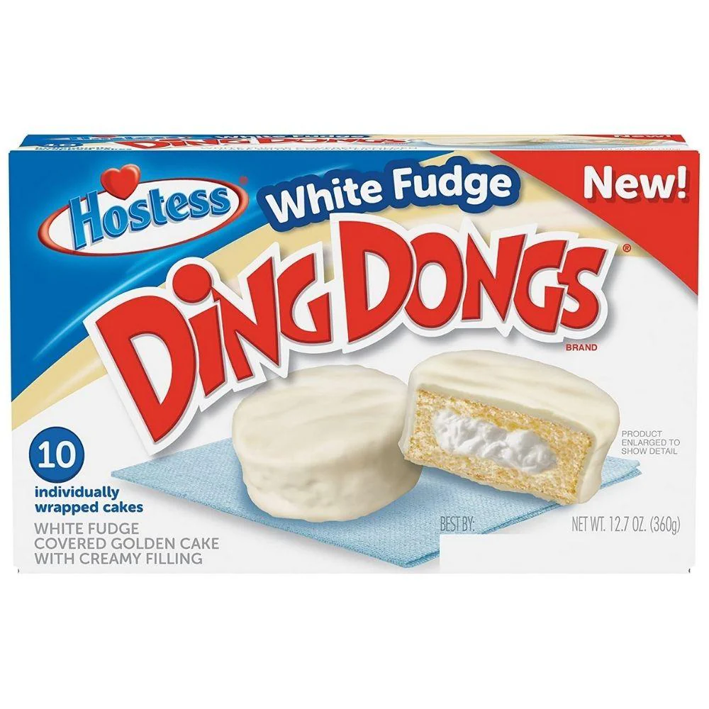 Hostess Ding Dong White Fudge, merendine al cioccolato bianco e crema alla vaniglia nel formato da 10 pezzi