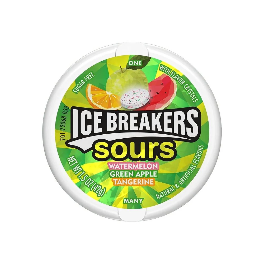 Ice Breakers Sours Watermelon Green Apple Tangerine, caramelle aspre alla frutta da 42g