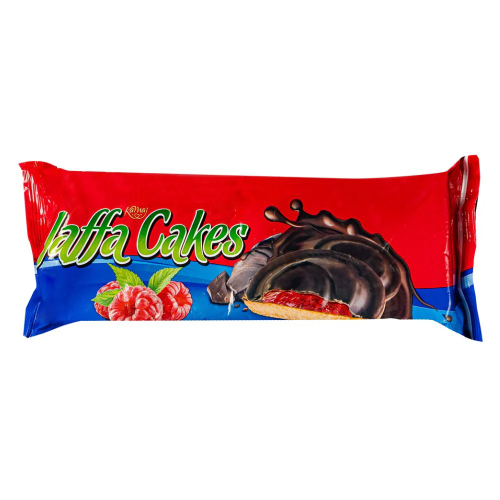 Jaffa Cakes Raspberry, biscotti con gelatina al gusto di lampone e ricoperti di cioccolato da 125g