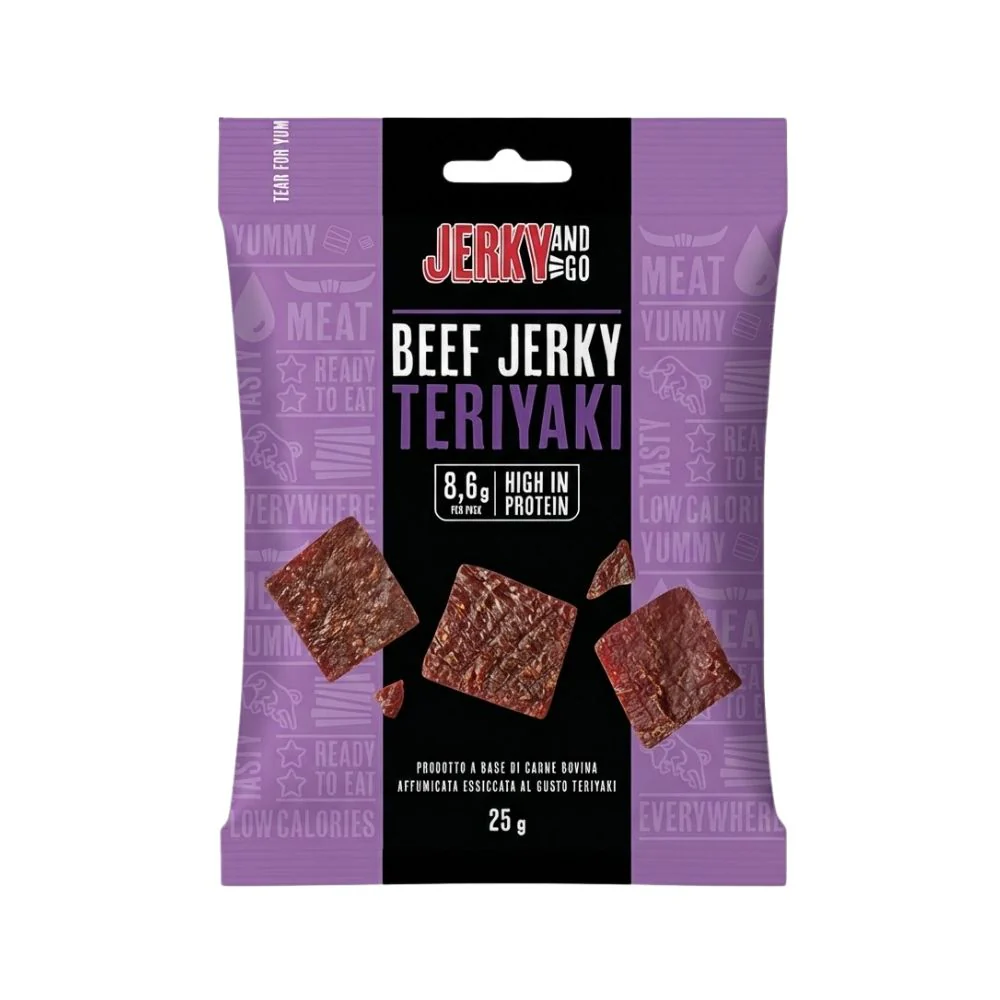 Jerky And Go Beef Jerky Teriyaki, snack di carne bovina essiccata e affumicata al gusto Teriyaki da 25g