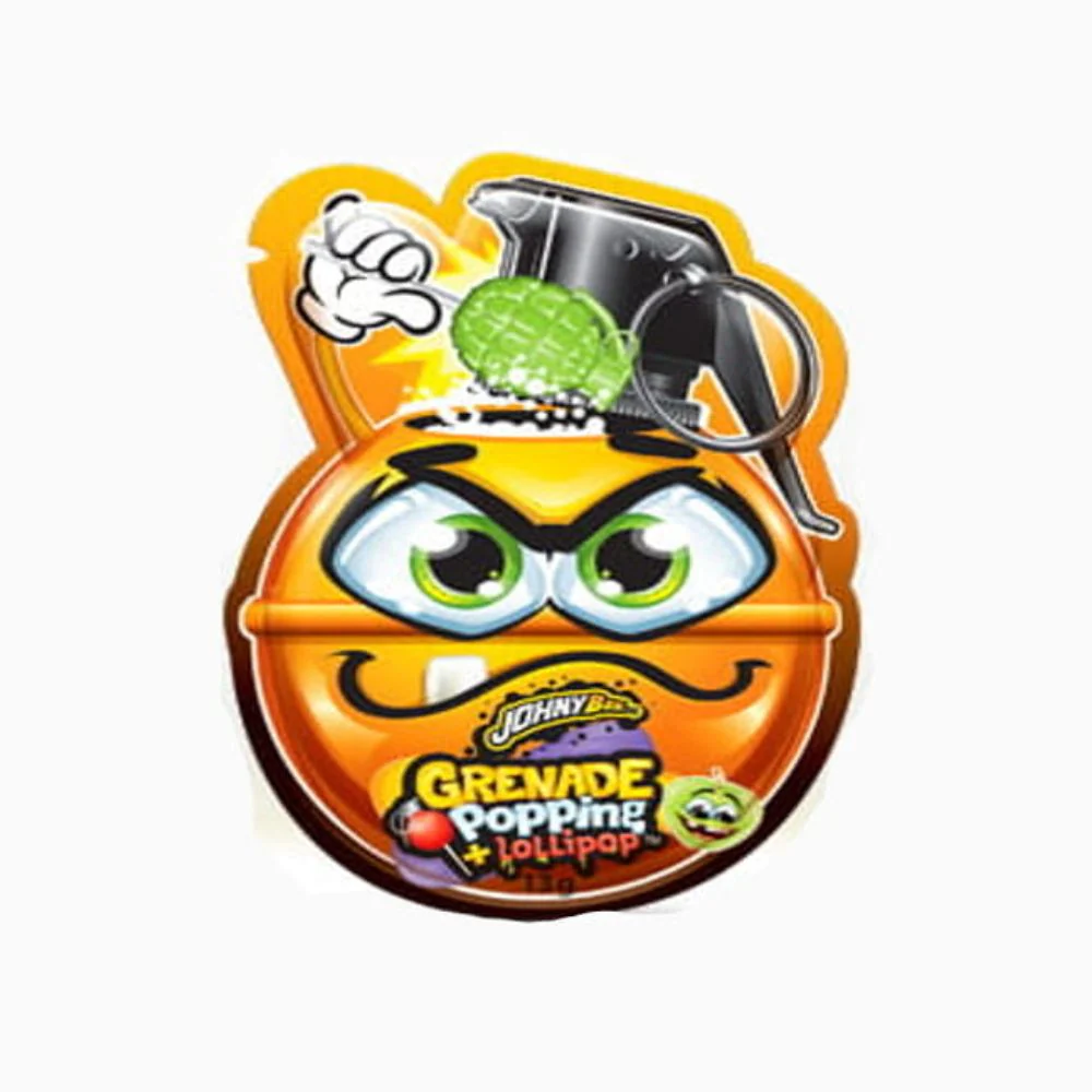 Johny Bee Granade Green Apple Popping Lollipop, caramella con granella frizzante da 13g