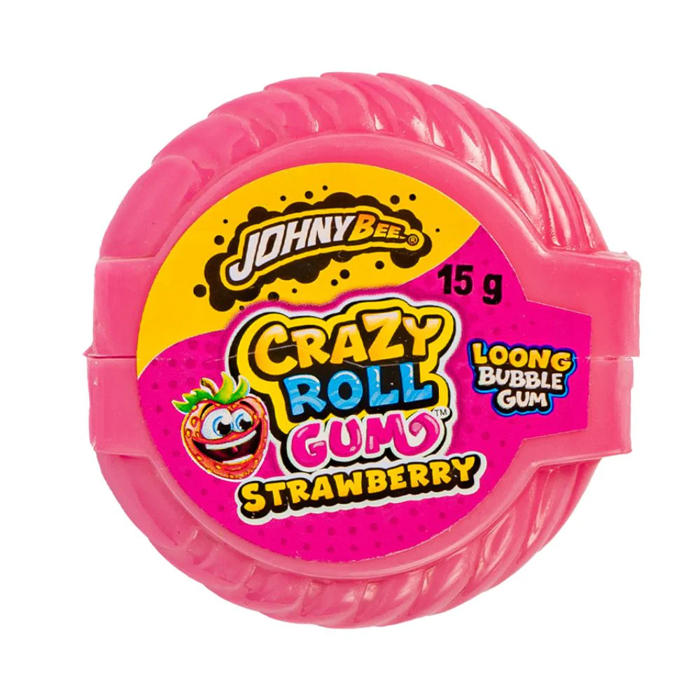 Johny Bee Crazy Roll Strawberry Bubble Gum, gomme da masticare al gusto di fragola da 15g
