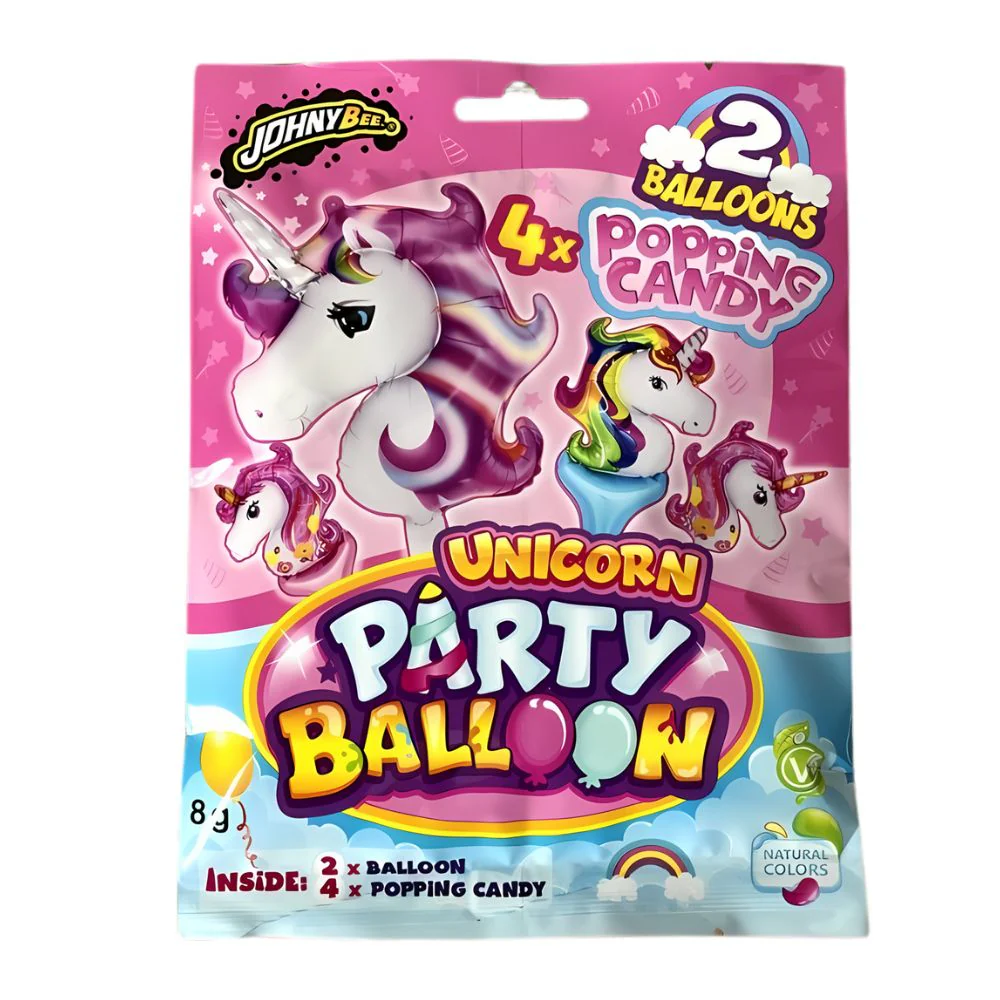Johny Bee Unicorn Party Balloon, caramella scoppiettante e due palloni a forma di unicorno da 8g