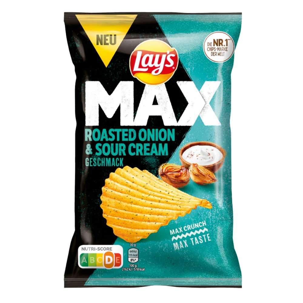 Lay's Max Roasted Onion & Sour Cream, patatine al gusto di cipolla tostata e panna acida da 110g