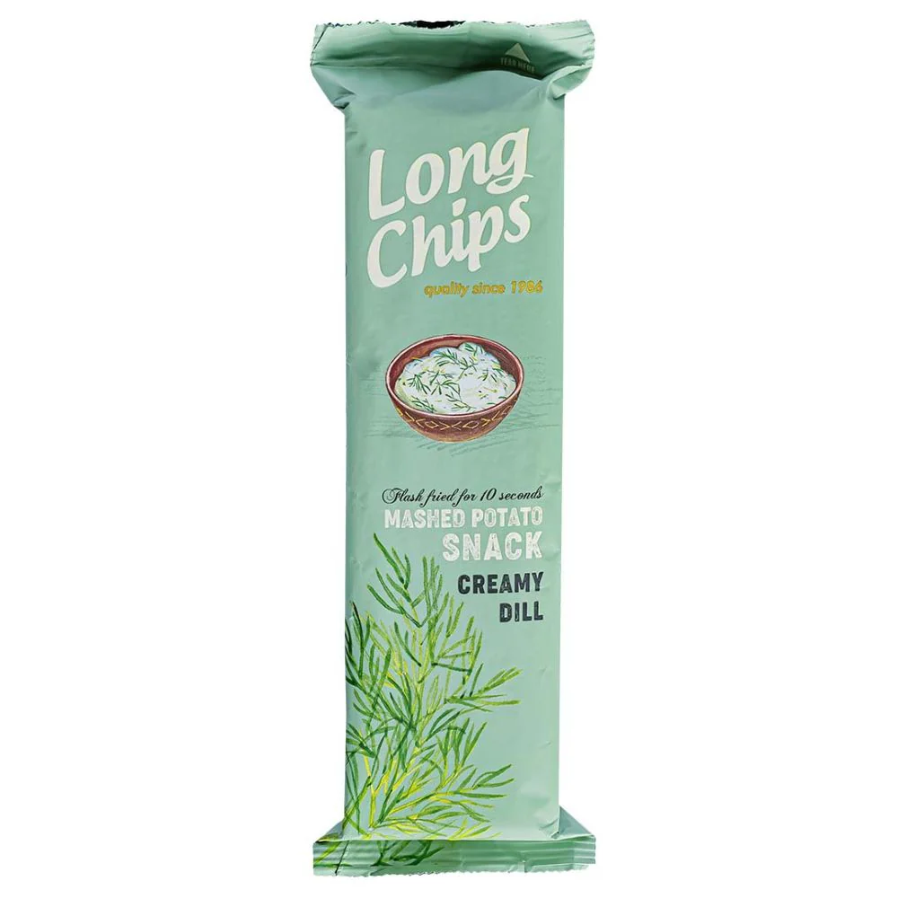 Long Chips Mashed Potato Snack Creamy Dill, patatine lunghe al sapore di crema di aneto da 75g