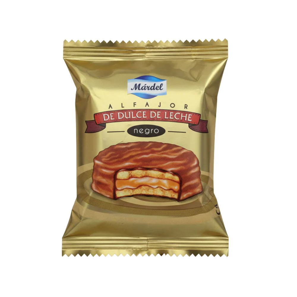 Alfajores dulce de leche e cioccolato fondente, dolcetto ripieno di dulce de leche e ricoperto di cioccolato fondente da 50g