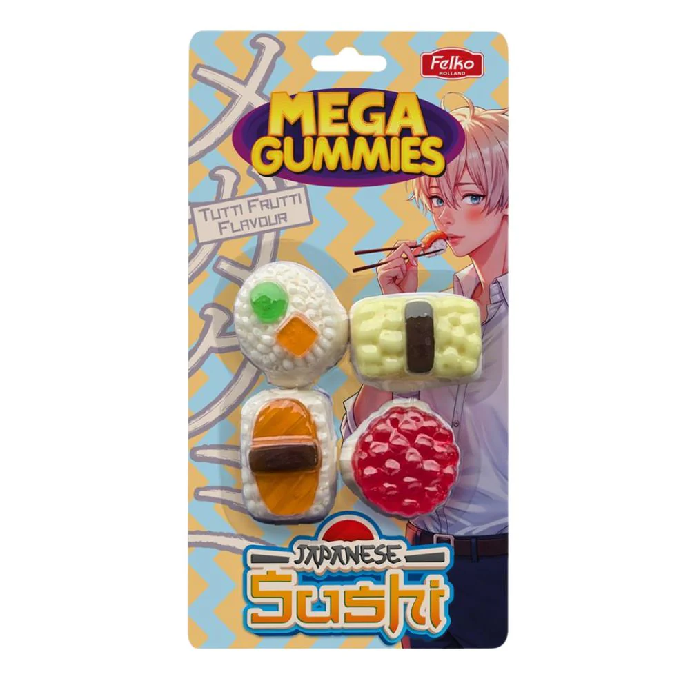 Mega Gummies Japanese Sushi, caramella gommosa a forma di sushi al gusto di tutti frutti da 120g