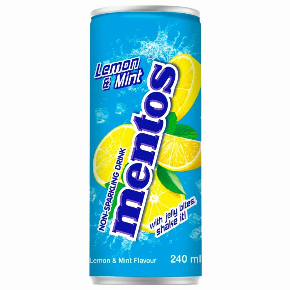 Mentos Lemon & Mint, soft drink al gusto di limone e menta con pezzi di gelatina di cocco da 240ml
