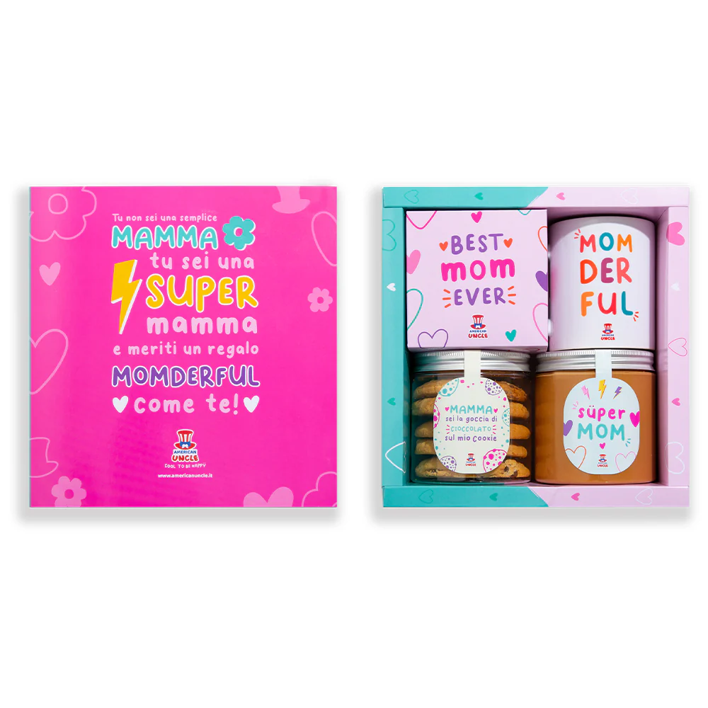 Mom Gift Box, scatola regalo per la mamma con cookies multigusto, crema al caramello salato e tazza Momderful - Image 2