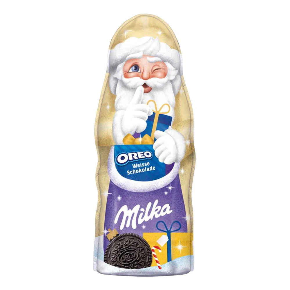 Milka Chocolate Santa Claus Oreo White Choco, cioccolato bianco e pezzetti di biscotto al cacao da 95g