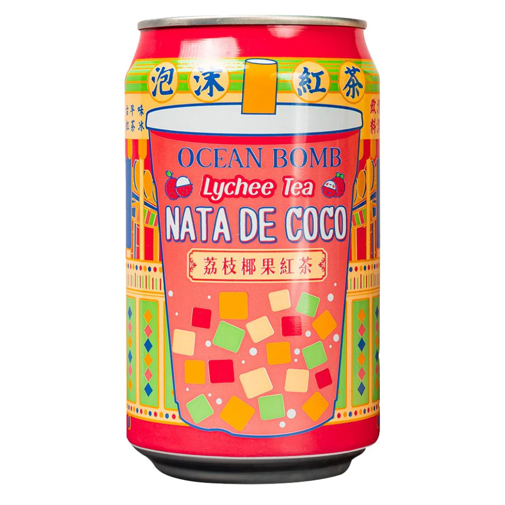 Ocean Bomb Lychee Tea With Nata De Coco, bevanda di tè nero con nata de cocco aromatizzata al gusto di litchi da 315ml