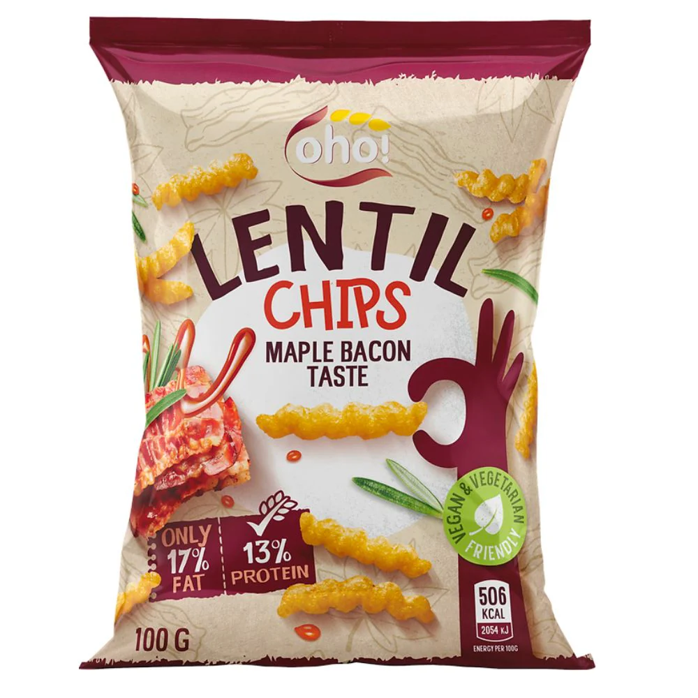 Oho Lentil Chips Maple Bacon, chips di lenticchie al gusto di bacon da 100g