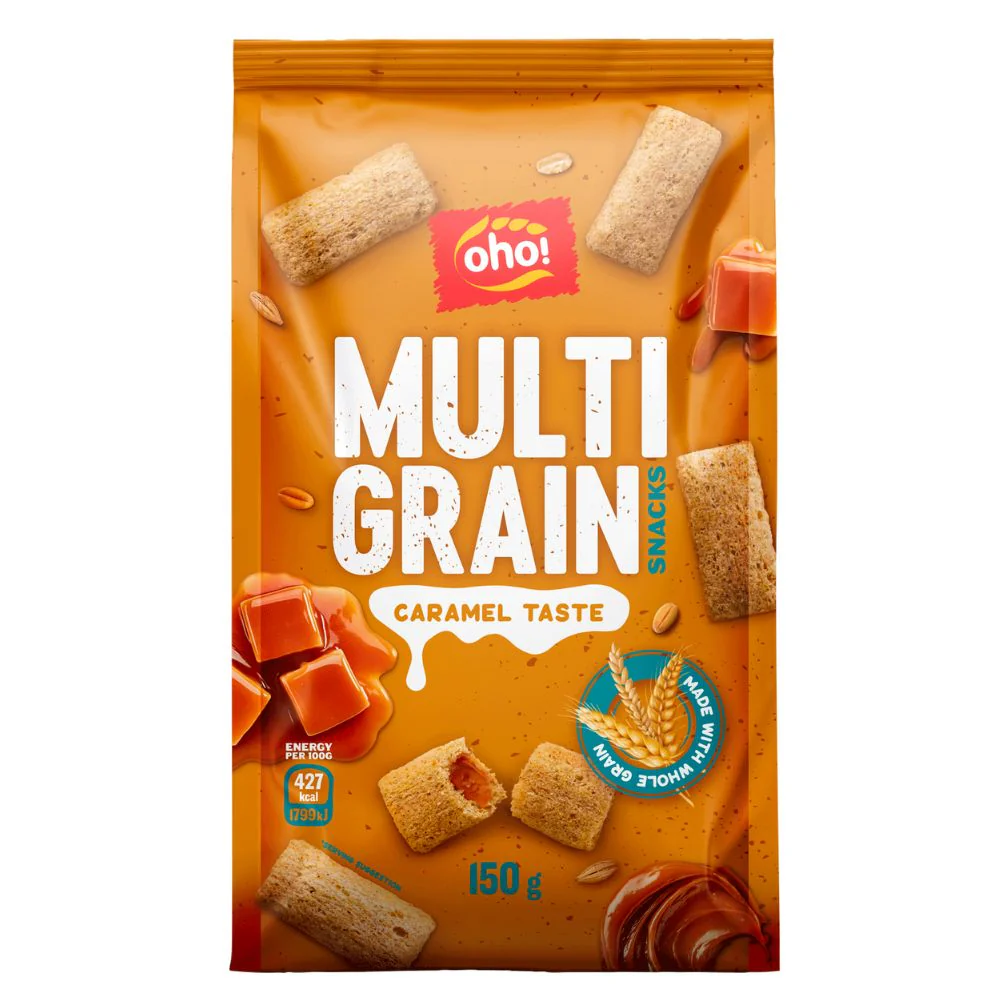 Oho! Multi Grain Snacks Caramel Taste, snack integrali ripieni al caramello da 150g
