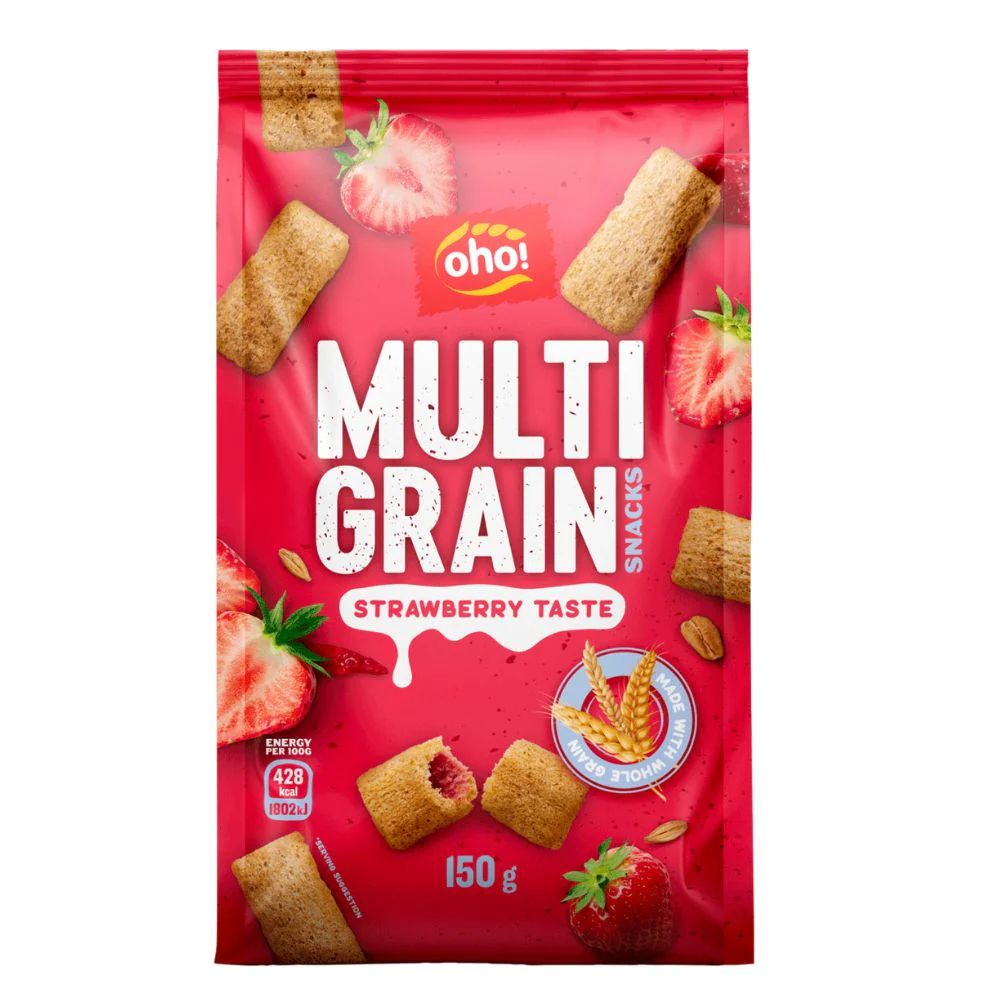 Oho! Multi Grain Snacks Strawberry Taste, snack integrali ripieni di crema alla fragola da 150g