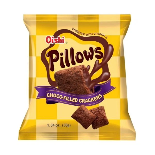 Oishi Pillows Choco Filled Crackers, crackers al cacao ripieni di crema al cioccolato da 38g