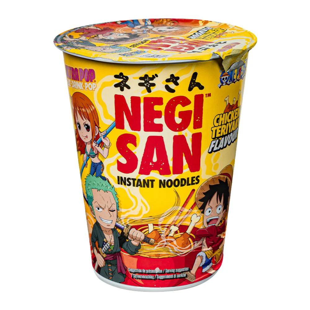 One Piece Ultra Pop Instant Noodles Chicken Teriyaki Flavour of Luffy, Zoro, Nami, noodles al gusto di pollo da 65g