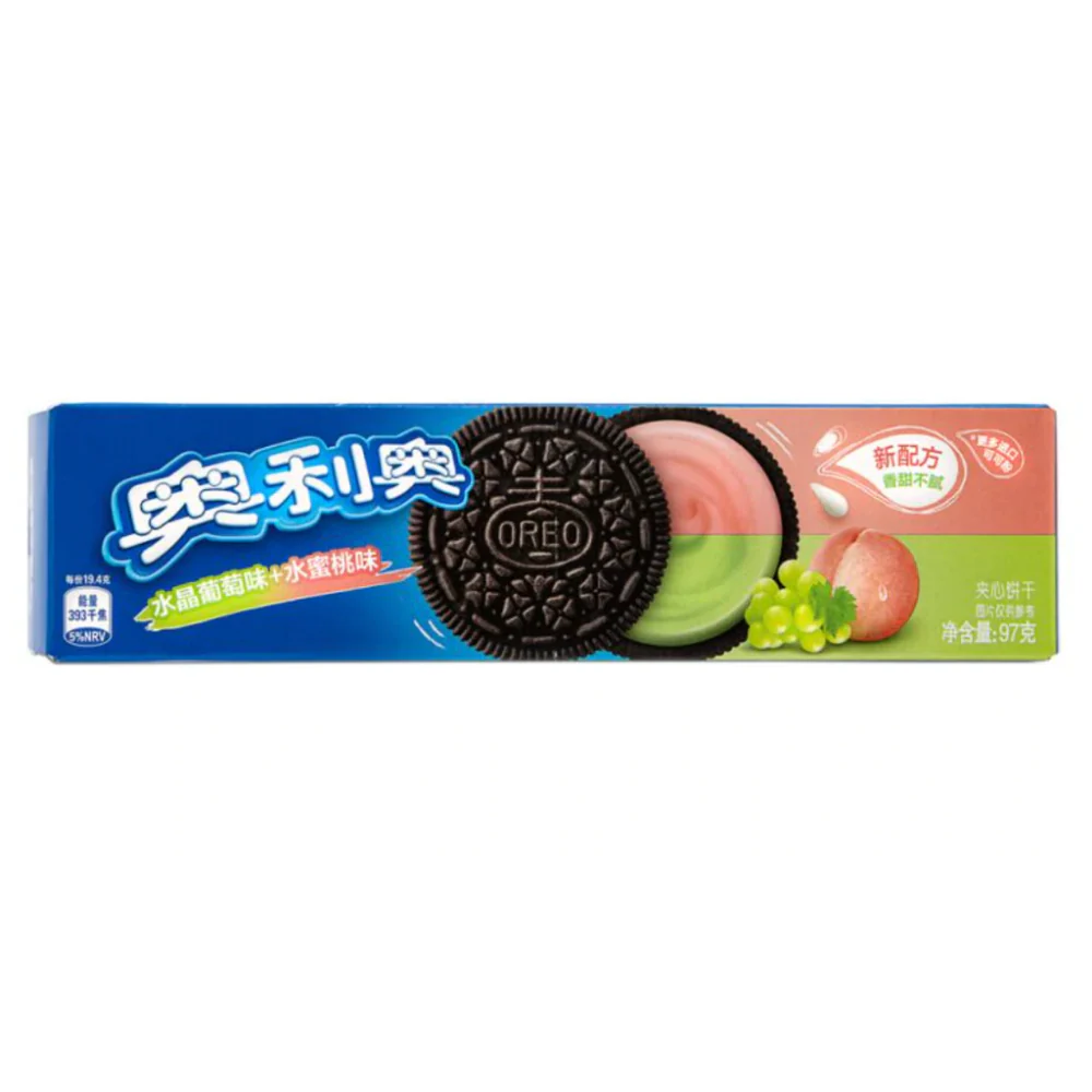 Oreo Grape&Peach, biscotti al cioccolato con crema al sapore di uva e pesca da 97g