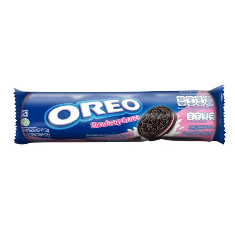 Oreo Strawberry Creme, biscotti al cioccolato ripieni di crema alla fragola da  123.5 g