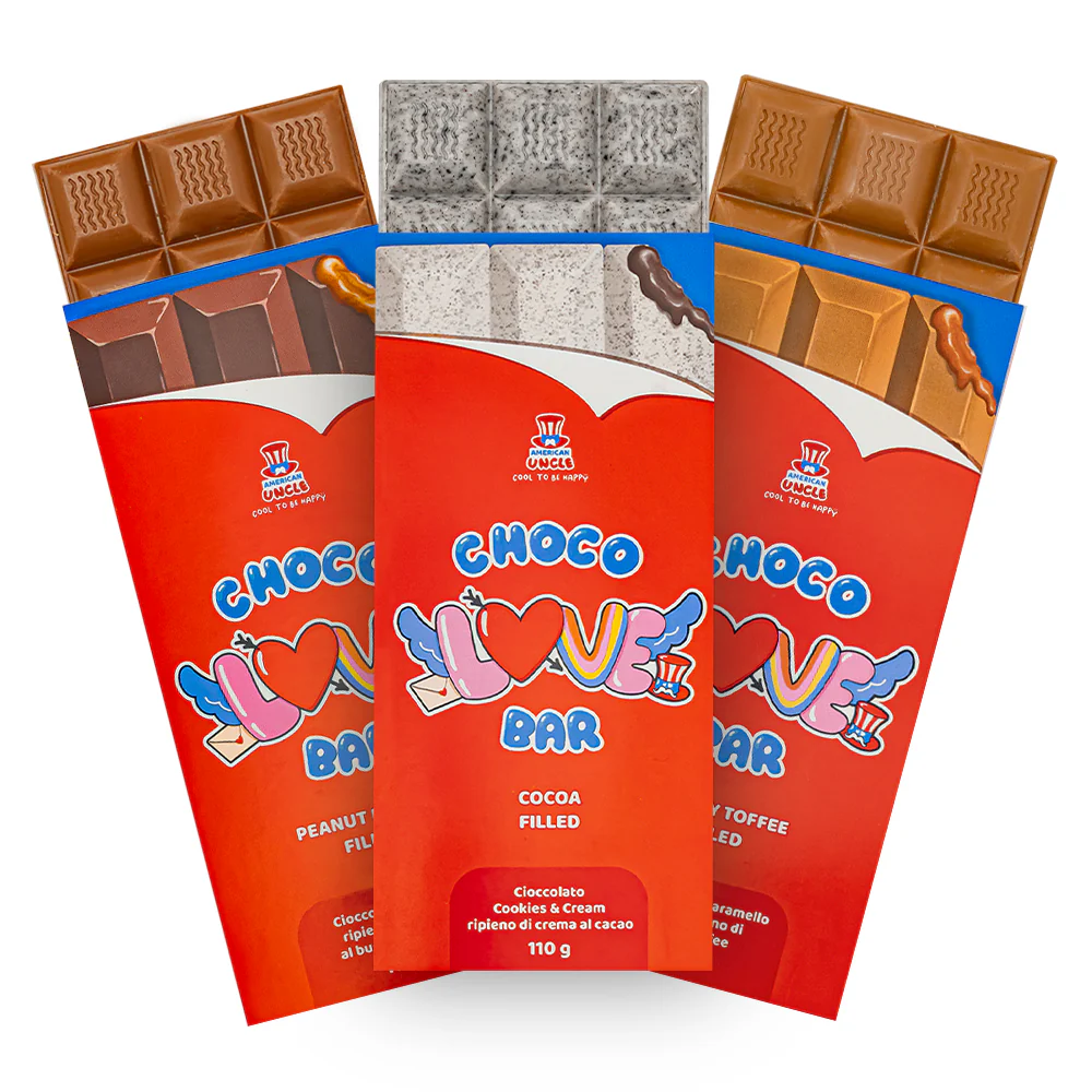Peanut Butter filled Choco Love Bar + Creamy Toffee filled Choco Love Bar + Cocoa filled Choco Love Bar