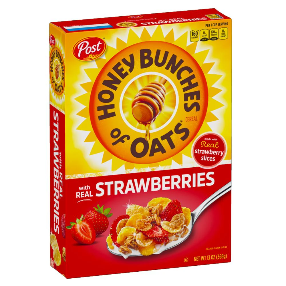 Post Cereal Honey Bunches Of Oats and Strawberries, fiocchi di avena e mais con fragole da 311g