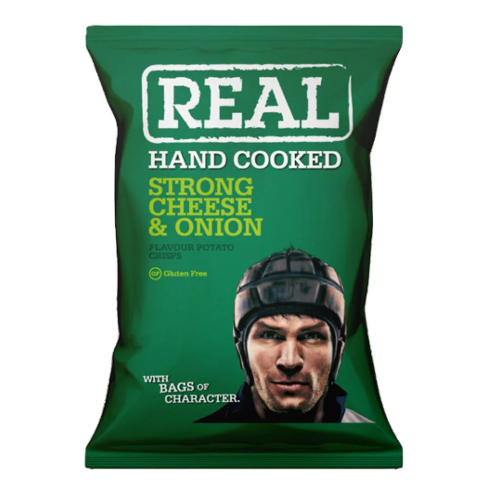 Real Strong Cheese And Onion Flavour Potato Crisps, patatine fritte al gusto di cipolla e formaggio da 150g