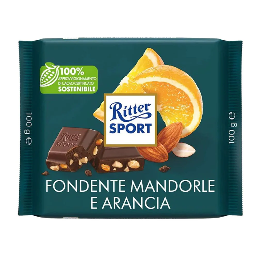Ritter Sport Fondente Mandorla e Arancia, cioccolato fondente con granella di mandorle e cubetti di scorze d'arancia candita da 100g